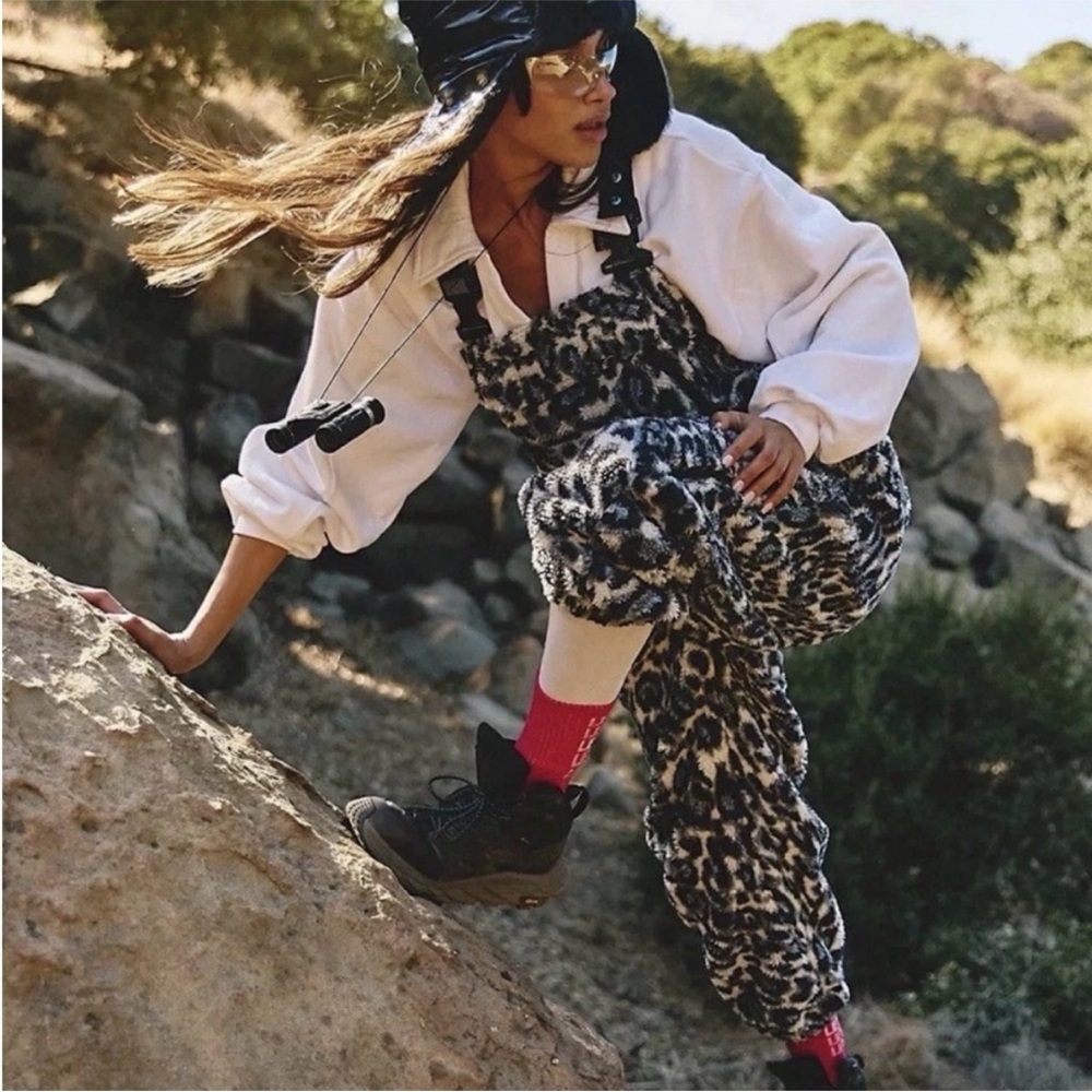Free People Black and Cream Leopard Faux-Fur Jumpsuit